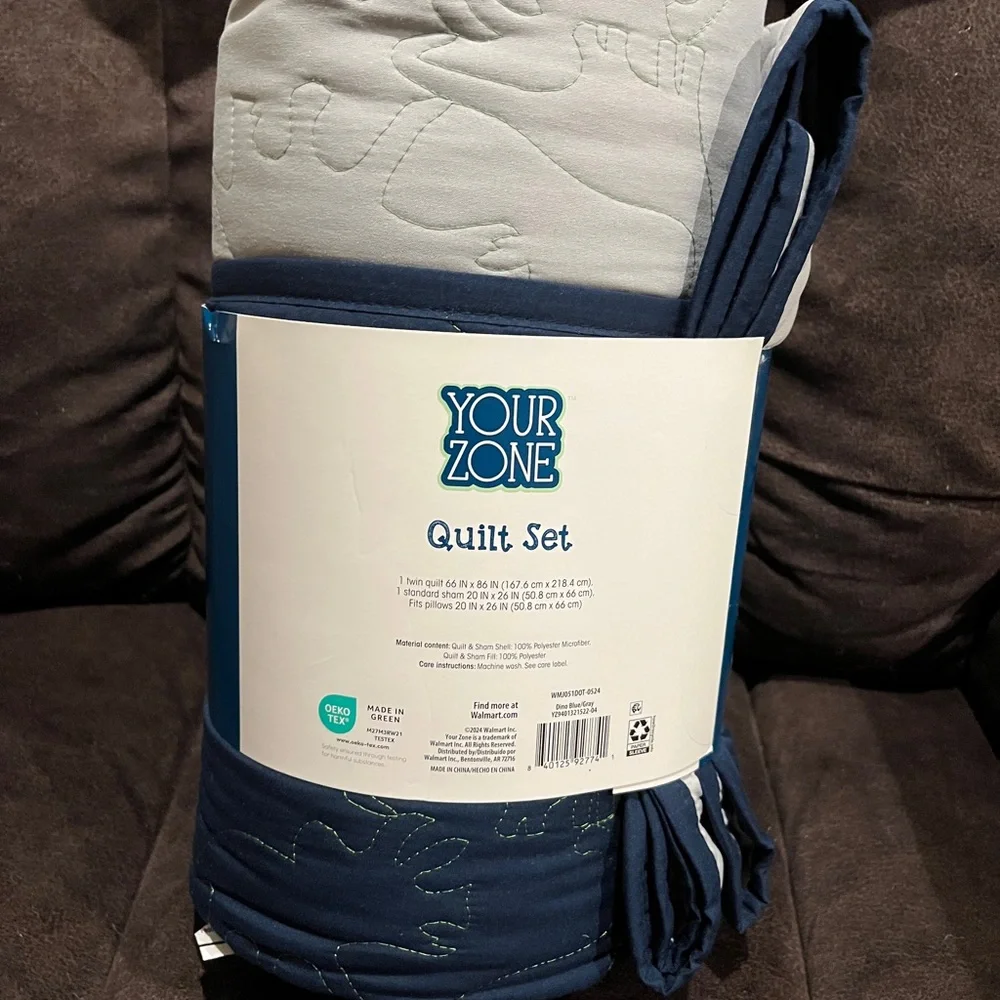 Your Zone Twin Quilt Set With Pillow Sham Navy Blue Grey Dinosaurs Boys